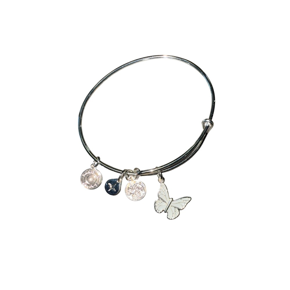 Alex and Ani White Enamel Butterfly Charm Bangle Bracelet Silver Finish Womens
